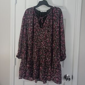 ZARA Blk Floral Drop Waist Mini Dress Sz L